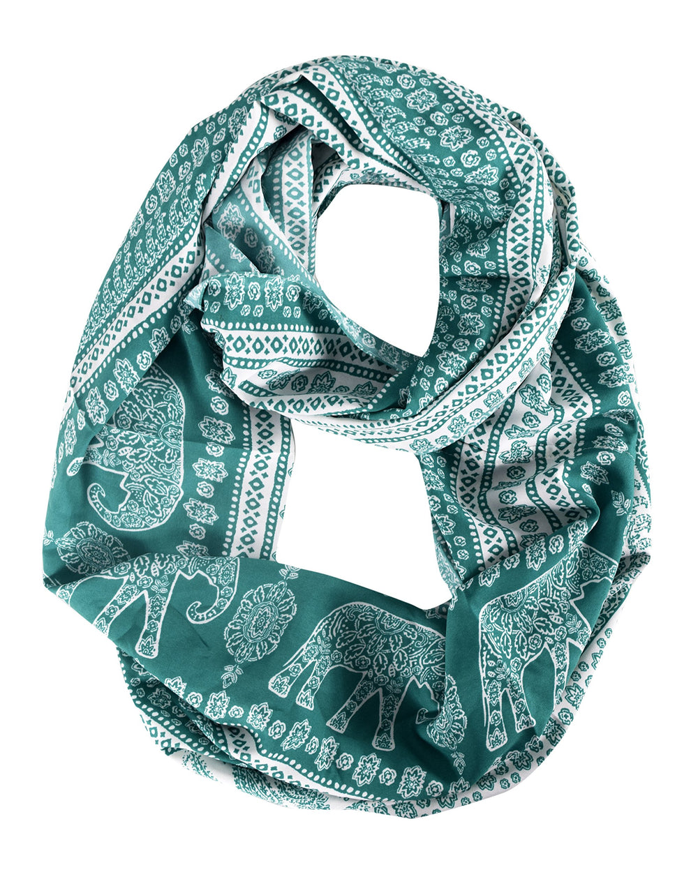 Green infinity loop scarf featuring a floral, Aztec, and elephant animal print pattern.