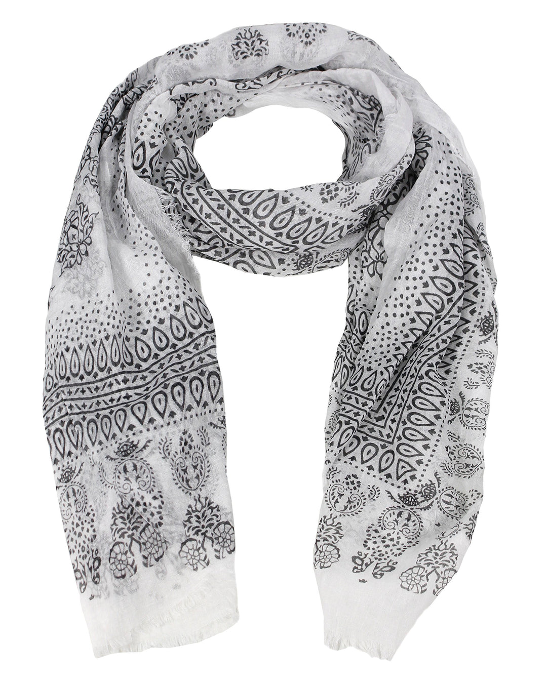 Classic Lightweight Heavenly Henna Paisley Printed Eyelash Fringe Scarf Black