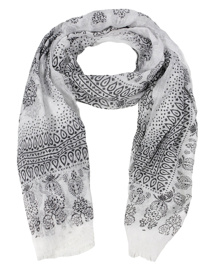 Classic Lightweight Heavenly Henna Paisley Printed Eyelash Fringe Scarf Black