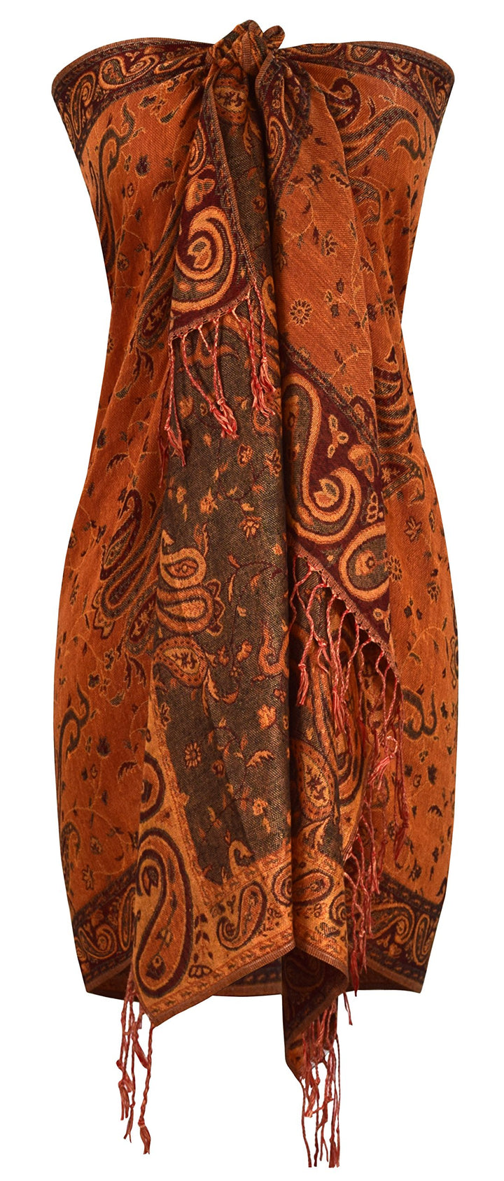 Elegant double layer reversible paisley pashmina shawl wrap scarf in apricot with fringed edges.