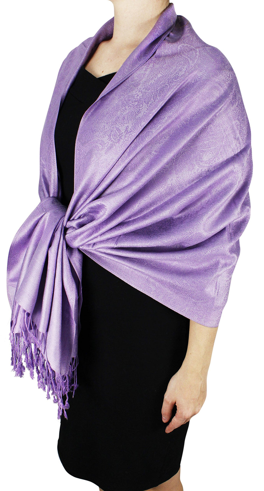 Elegant light purple double layer jacquard pashmina shawl wrap with an intricate paisley pattern and fringed edges.