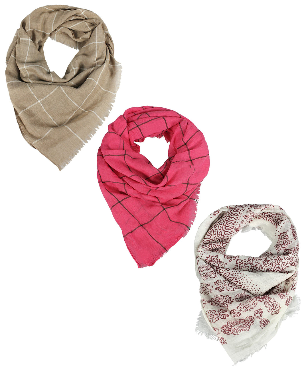 Peach Couture Womens Plaid Checkered Paisley Scarf Set Summer Shawl Wrap Taupe Pink White