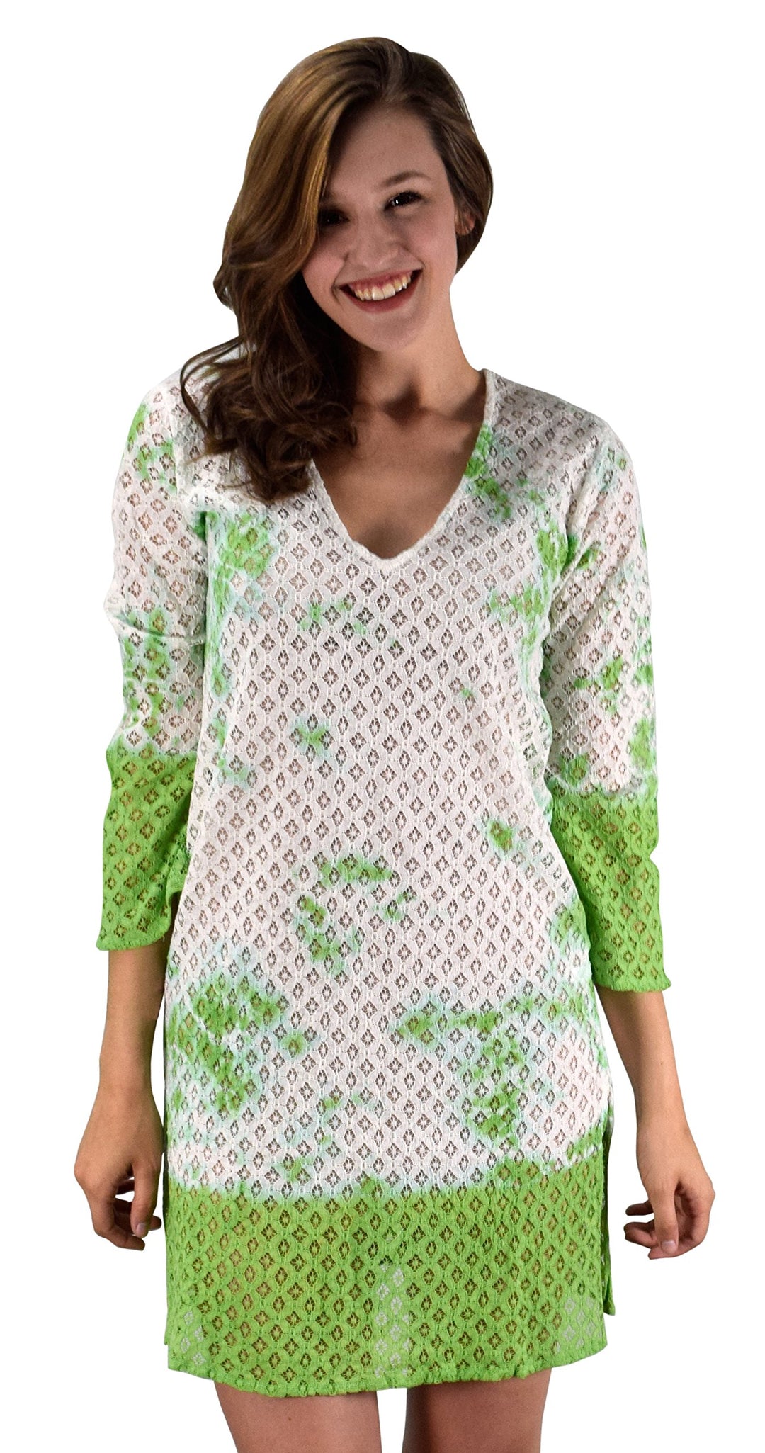 Green lace bikini cover-up tunic for women designed for summer beachwear and swimwear.
