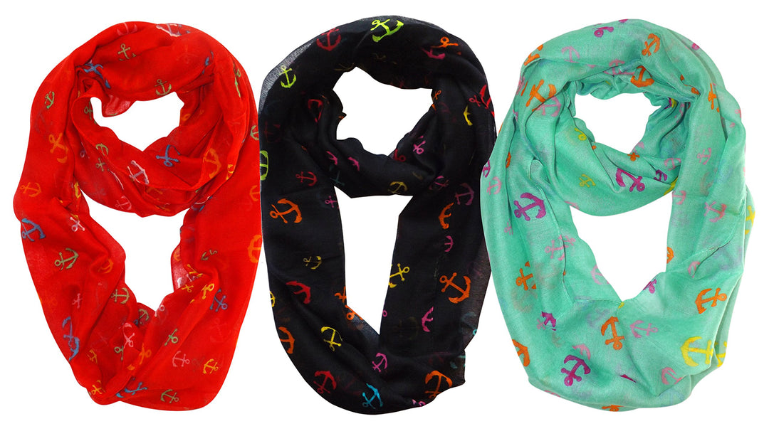 Peach Couture All season Infinity Loop Scarves Rainbow Anchor Print 3 Pack Red Black Aqua