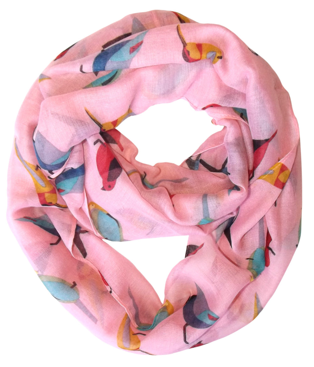 Lightweight vintage infinity loop scarf featuring an all-over finch bird print in peach.