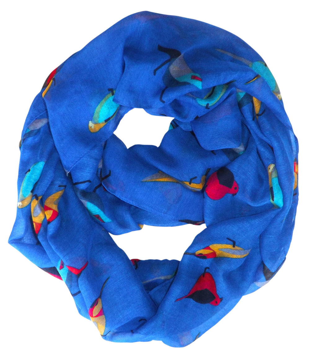 Vintage finch bird all-over print lightweight sheer infinity loop scarf in royal blue for women