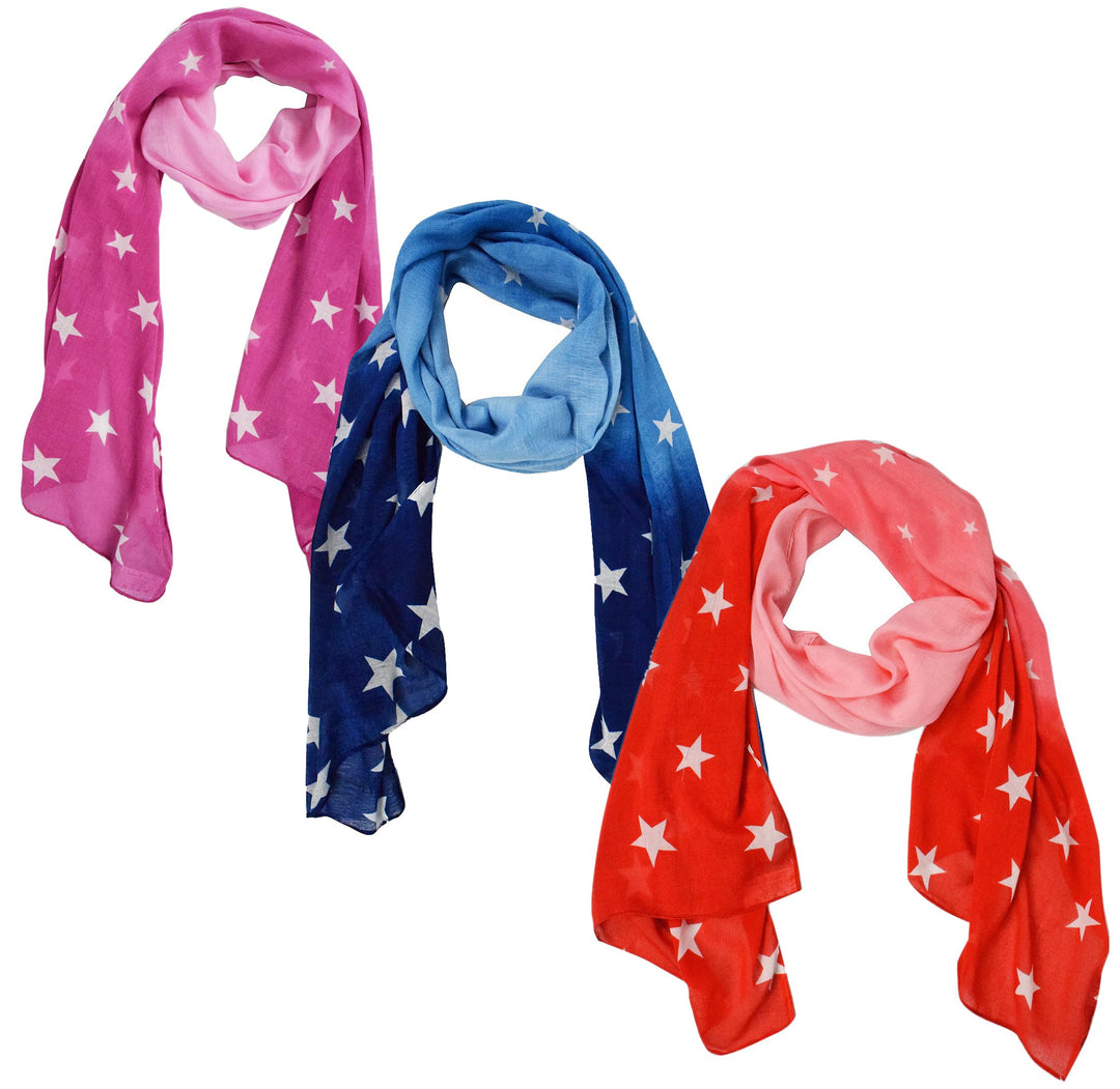 Peach Couture Womens Value 3 Pack Star Printed Fashion Scarf Set Pink Blue Red