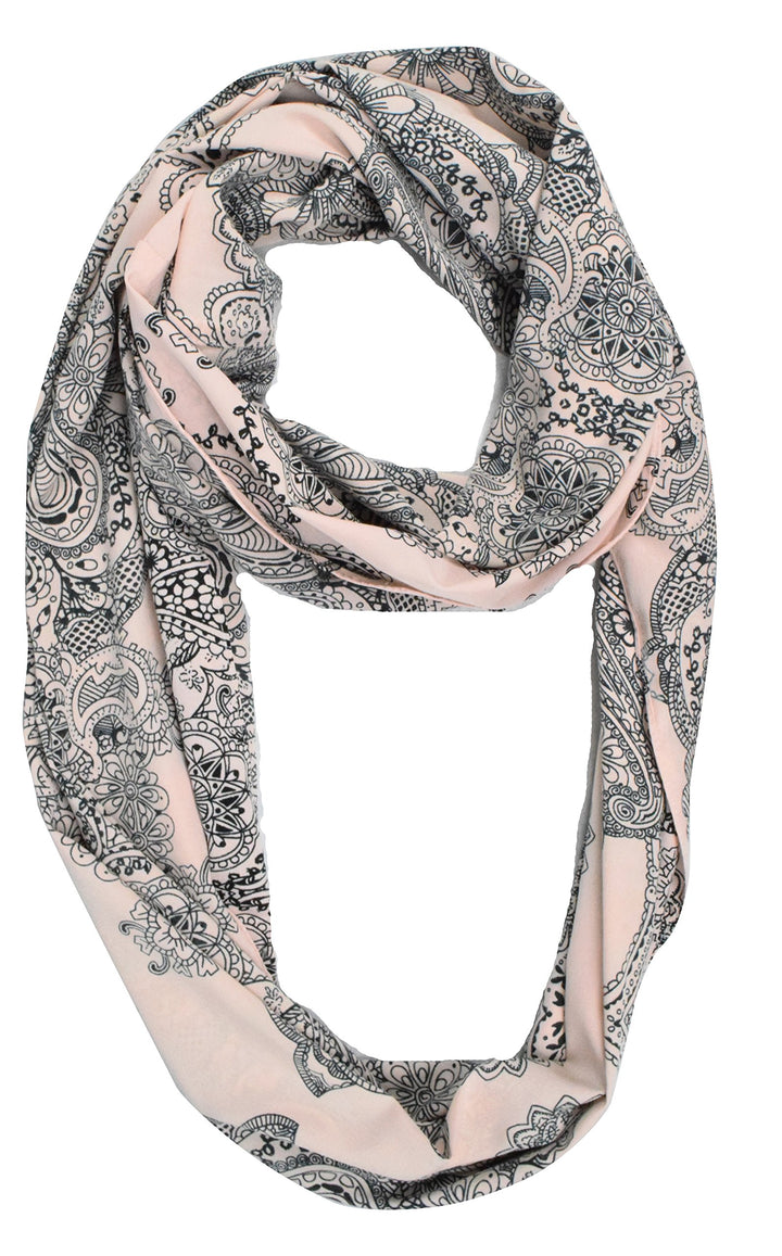 Light pink vintage bohemian infinity loop scarf for women featuring a delicate henna design.