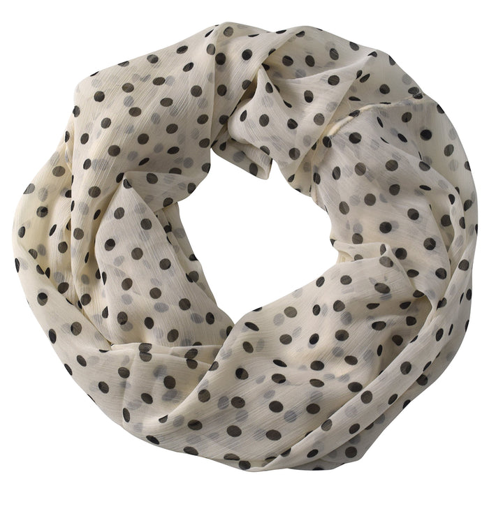 Elegant sheer cream and black speckled polka dot infinity loop scarf for women.