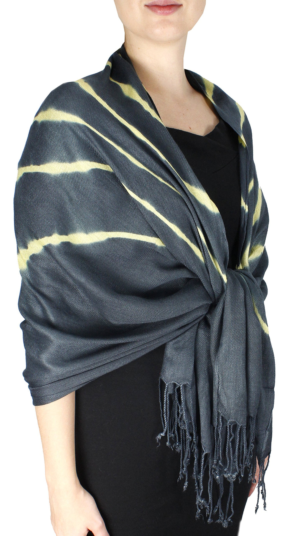 Midnight blue tie-dye pashmina shawl with vibrant patterns and soft fringe detail