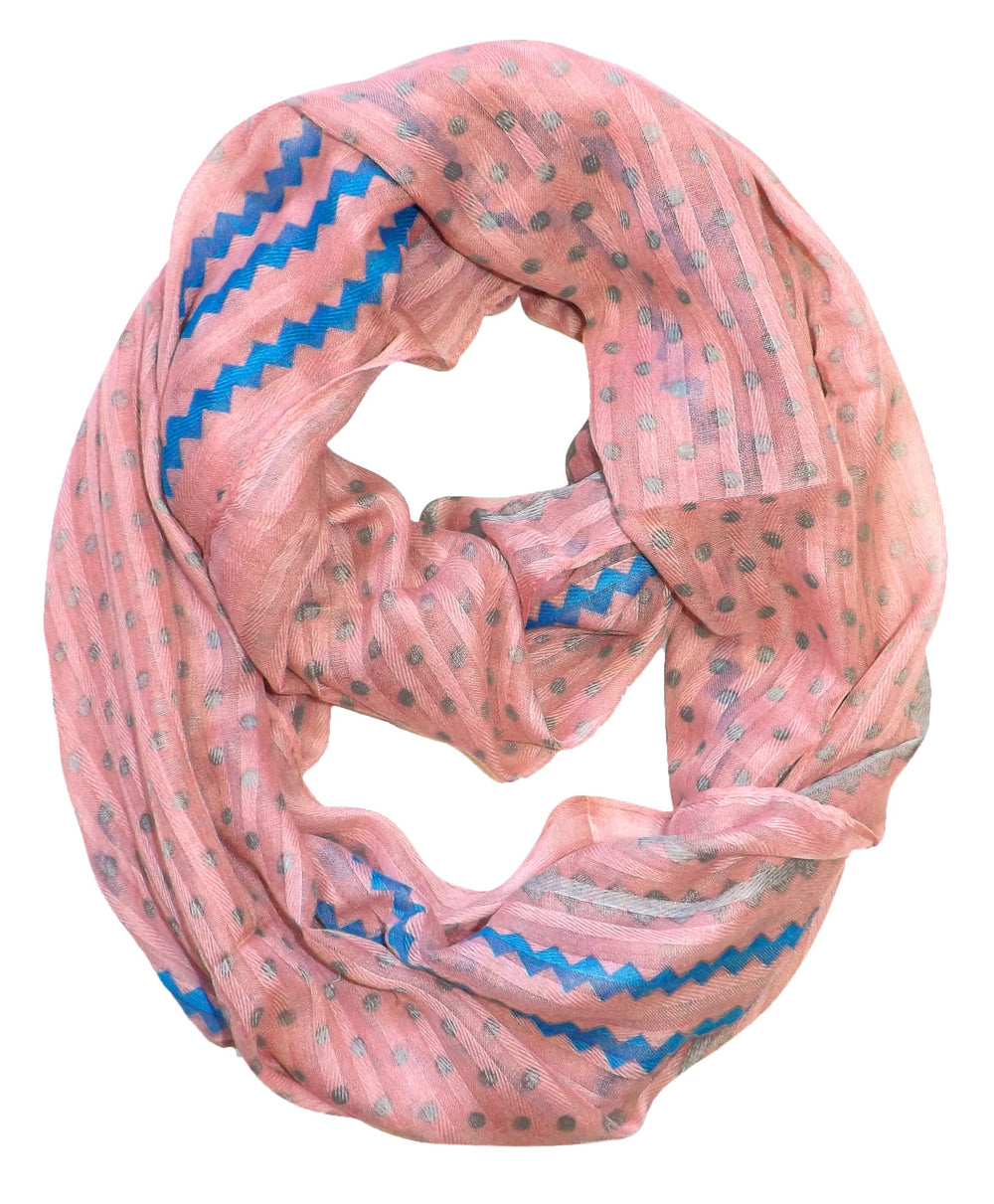 Yellow sheer infinity loop scarf with pink polka dot and chevron zigzag patterns.