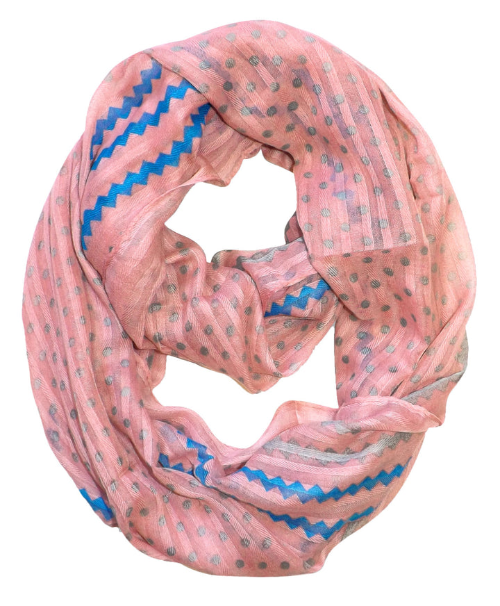 Yellow sheer infinity loop scarf with pink polka dot and chevron zigzag patterns.