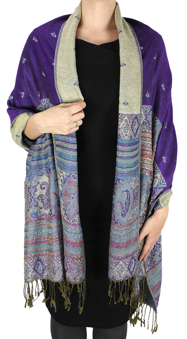 Purple ethnic design bohemian pashmina shawl with reversible tribal border pattern.