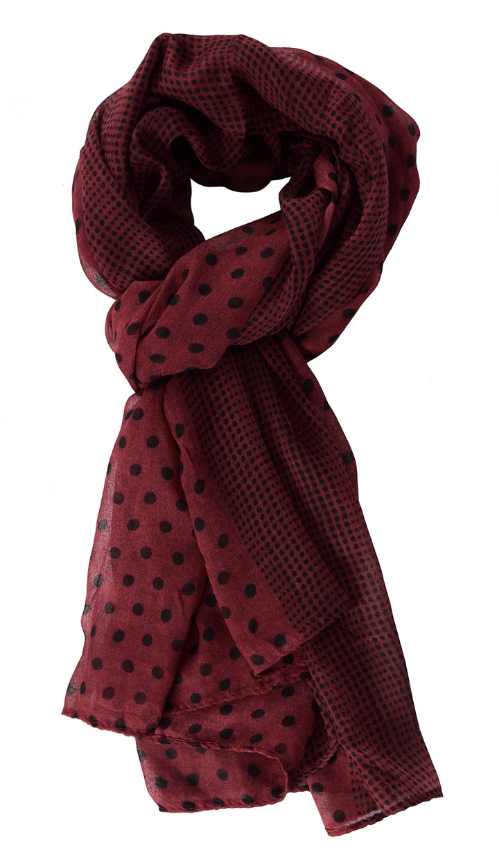 Lightweight maroon and black polka dot pashmina scarf wrap with a wide border.