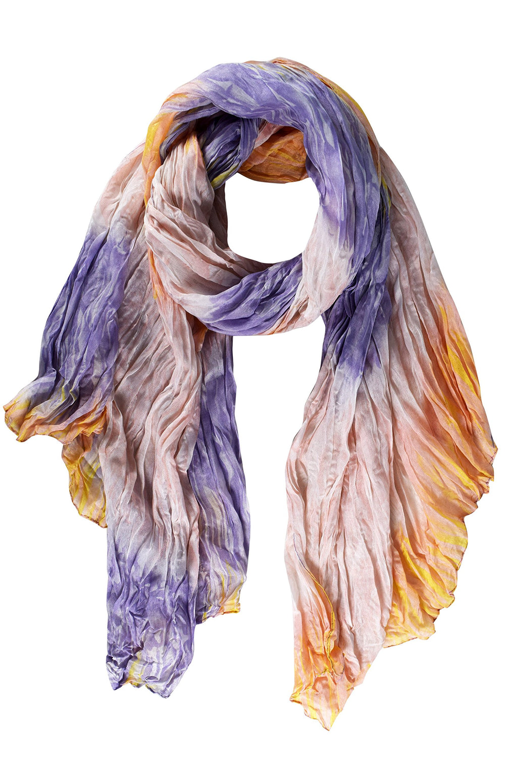 Stylish lightweight crinkled faded tie-dye scarf and sarong in orange and purple tones