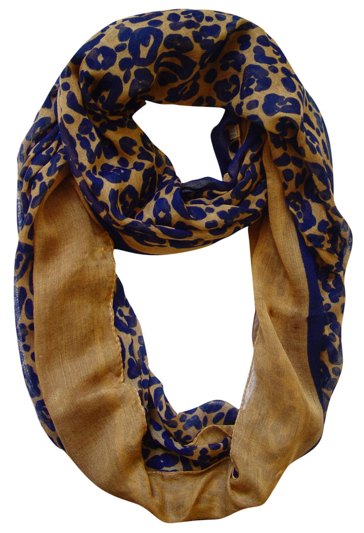 Lightweight retro neon animal print infinity loop scarf in brown and navy blue featuring a soft breathable fabric for year-round styling.