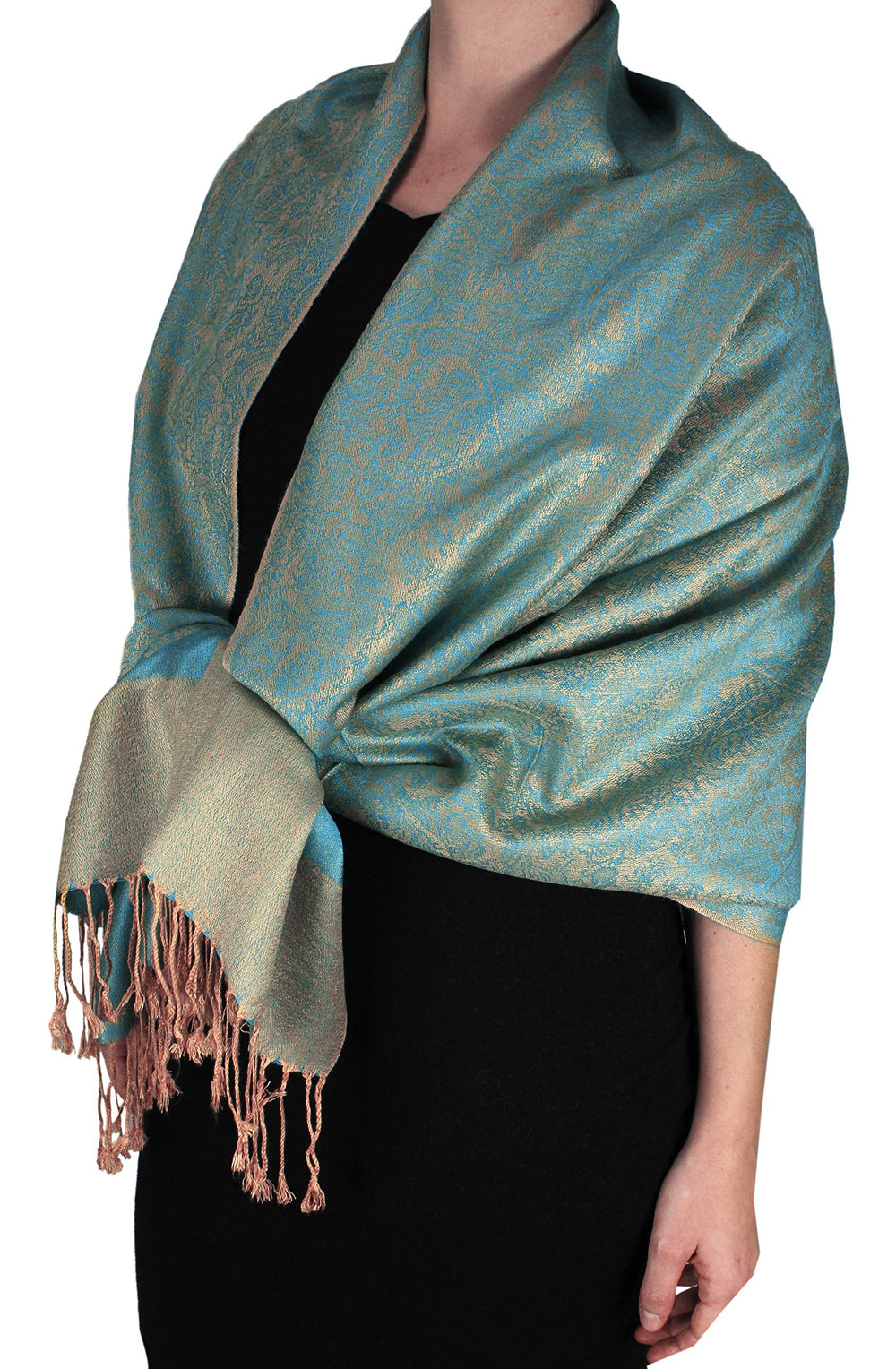 Elegant vintage two-color jacquard paisley pashmina shawl wrap in turquoise and tan.