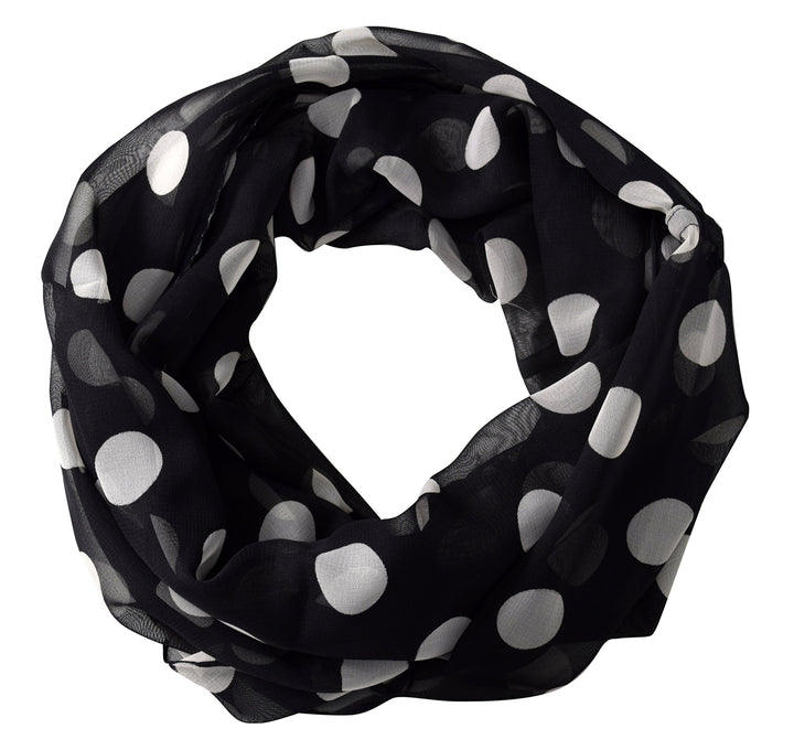 Sheer speckled polka dot circle print infinity loop scarf in black.