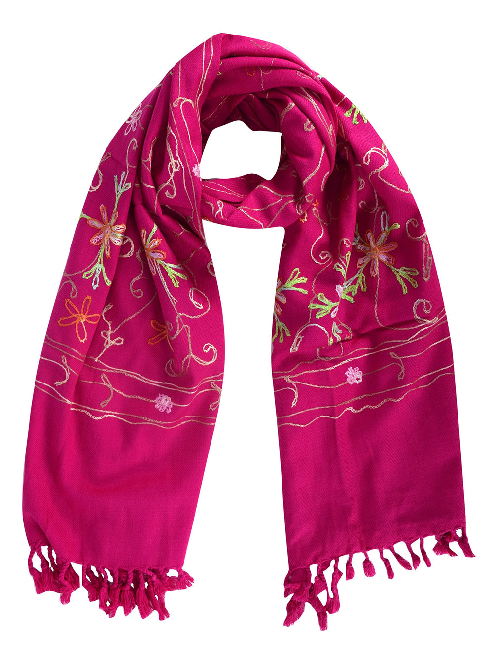 Magenta wool pashmina shawl featuring exquisite embroidered flower patterns and decorative fringe edges.