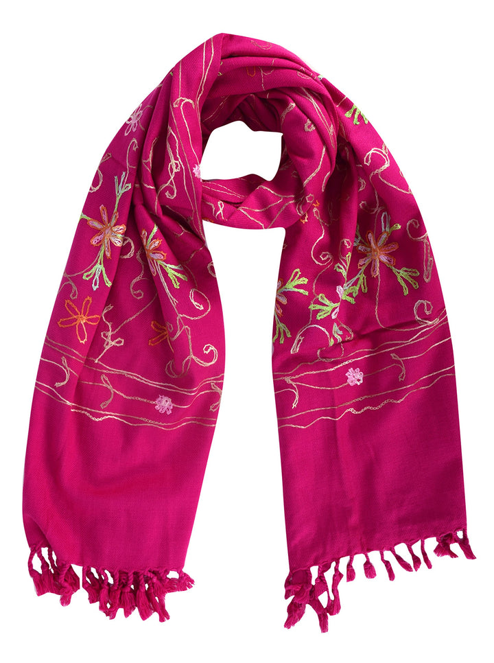 Magenta wool pashmina shawl featuring exquisite embroidered flower patterns and decorative fringe edges.
