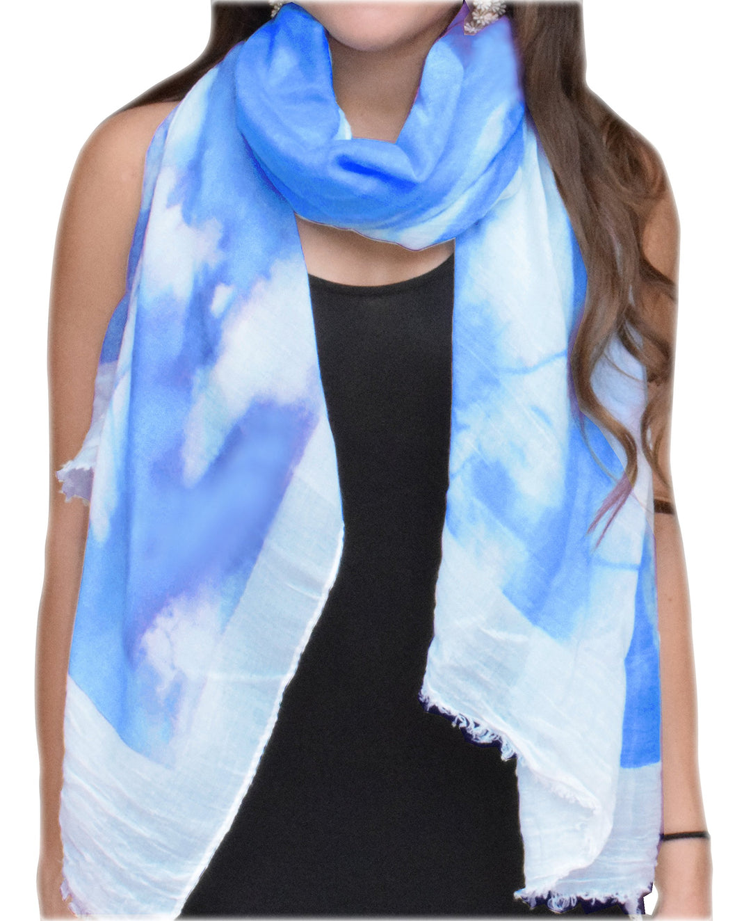 Peach Couture Modern Feather Floral Graphic Print Fringe Shawl Wrap Scarf Blue White