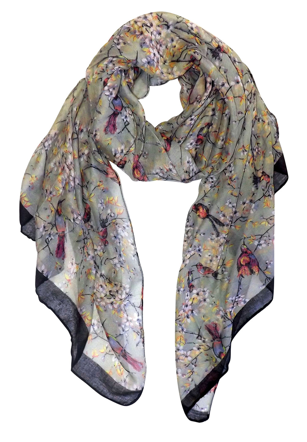 Vintage floral sakura blossom hummingbird print light sheer scarf in taupe for women