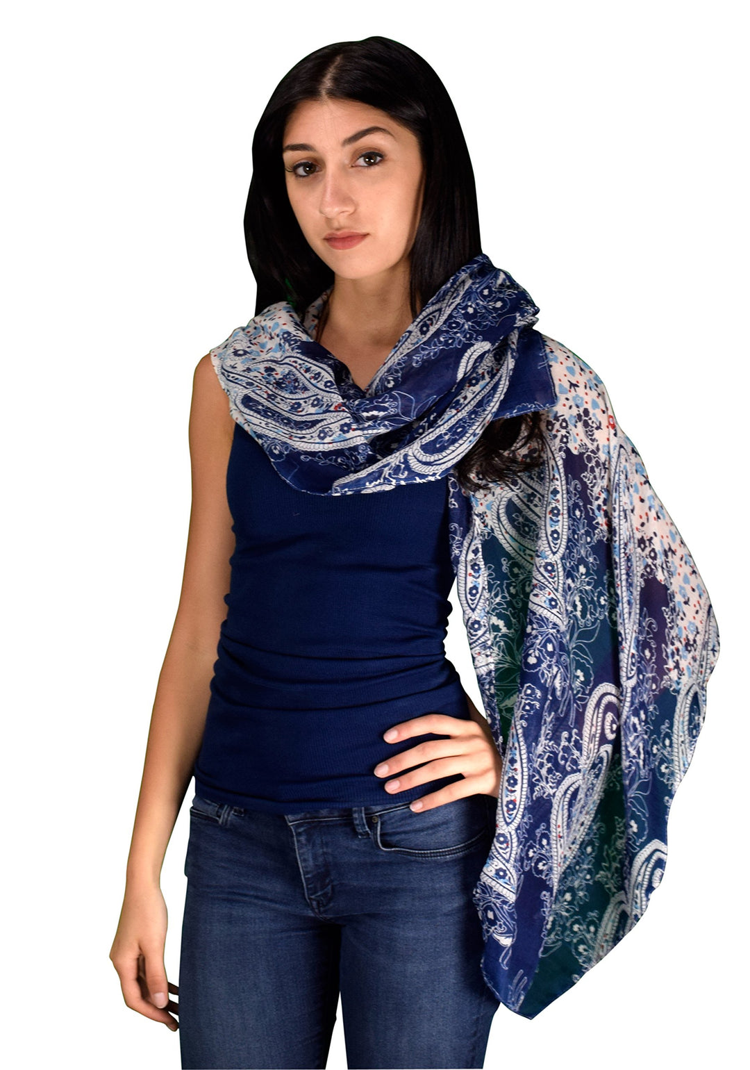Lightweight Damask Paisley Scarves Summer Shawls Sheer Wraps Navy Paisley