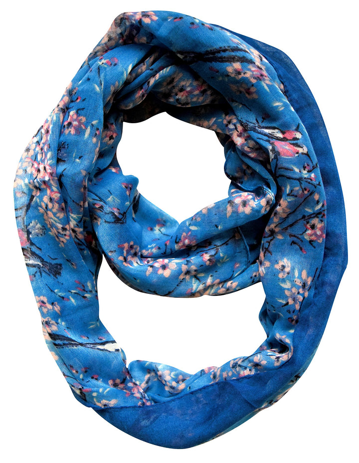 Lightweight blue sheer infinity loop scarf featuring a vintage floral blossom and hummingbird print for women