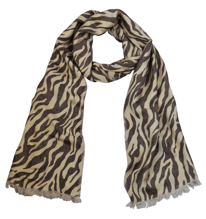 Fashionable brown zebra animal print pashmina shawl wrap with frayed ends