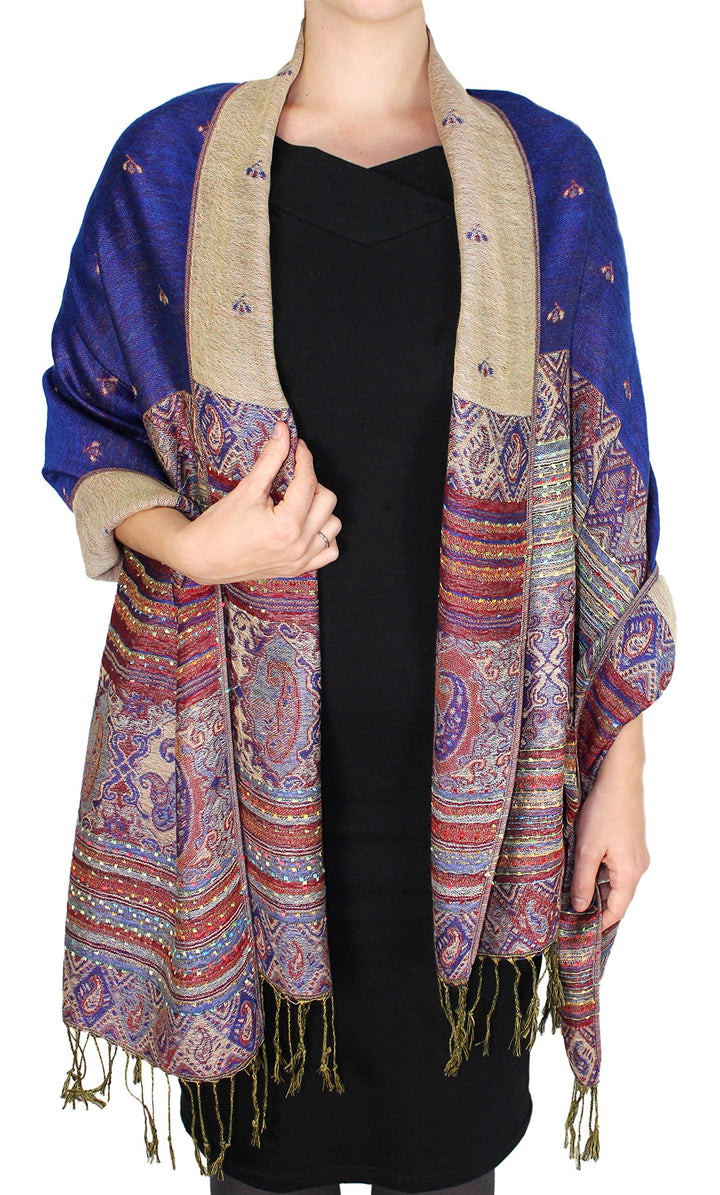 Royal blue reversible pashmina shawl featuring an intricate bohemian tribal border design and Aztec patterns.