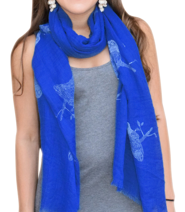 Modern colorful graphic animal print owl scarf with eyelash fringe in white and blue multicolored pattern