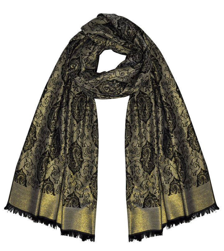 Elegant damask black reversible jacquard paisley pashmina shawl wrap with intricate floral patterns and fringe edges.