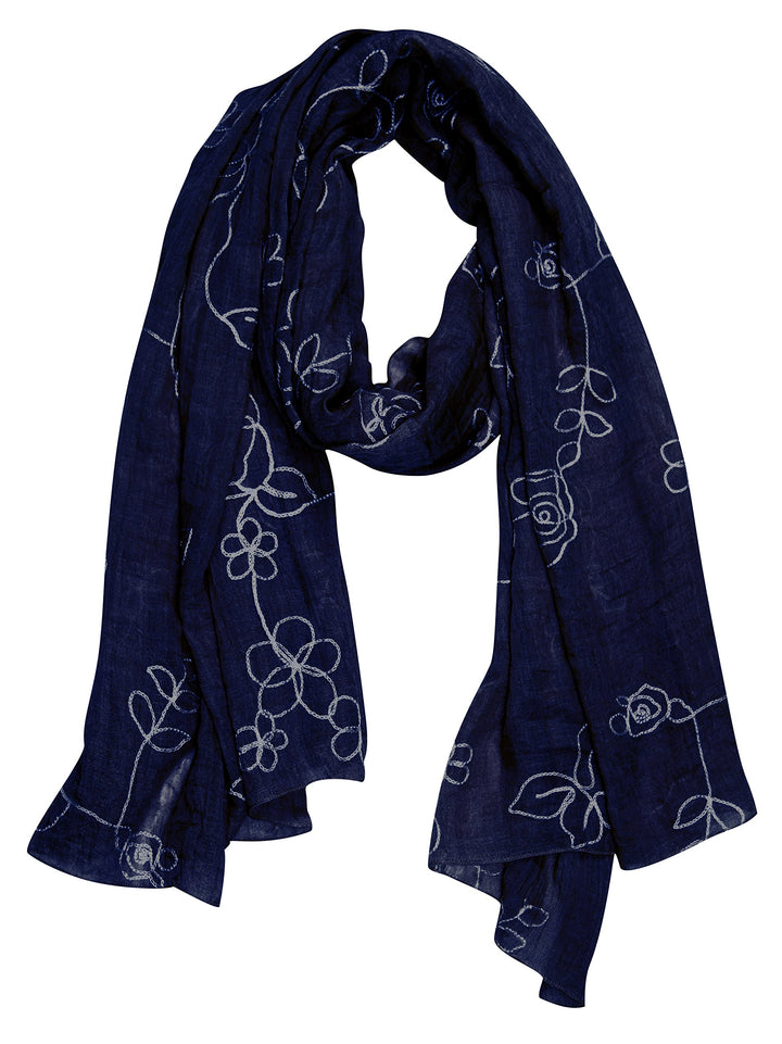 Lightweight navy summer shawl scarf featuring intricate floral rose embroidery and fringed edges