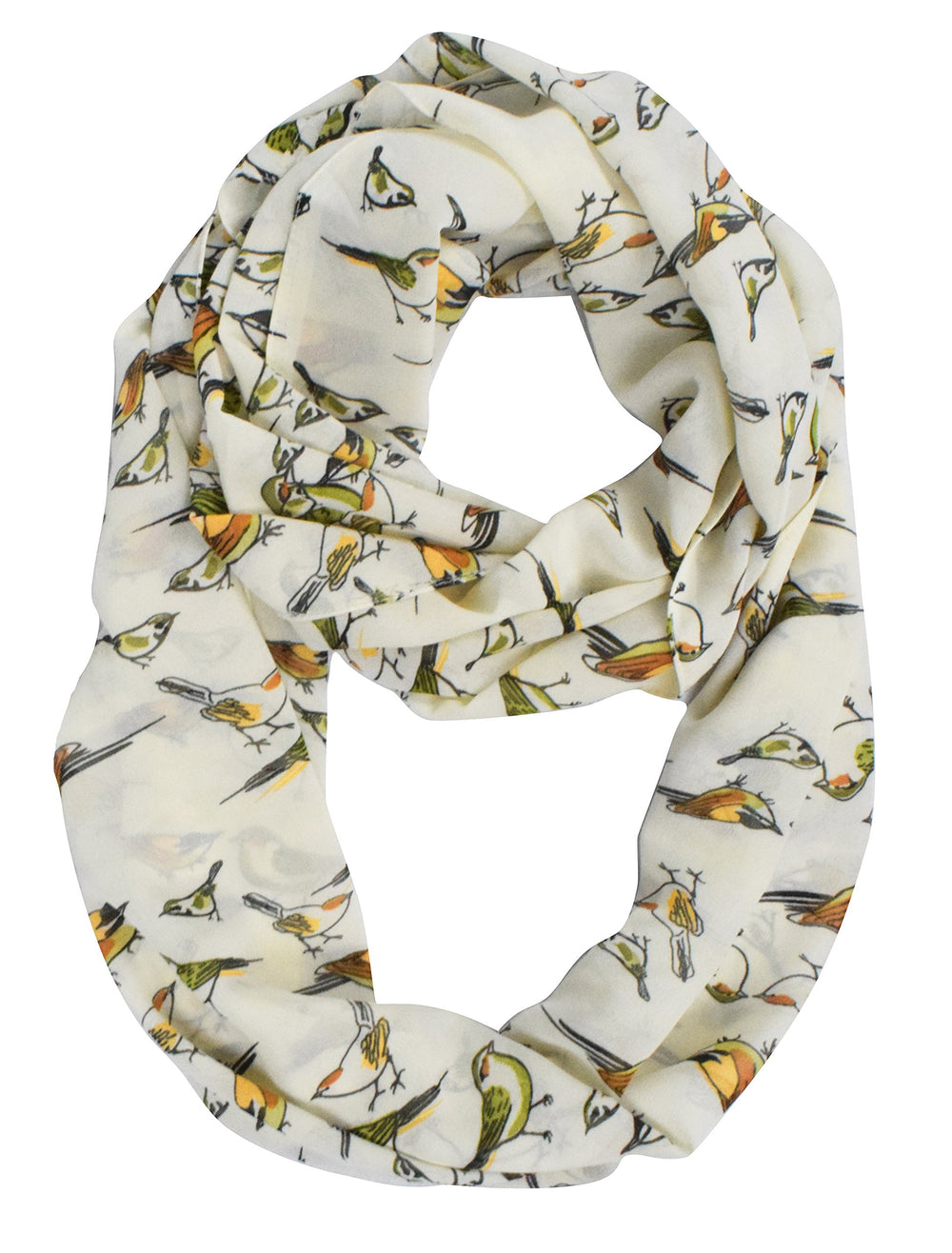 Lightweight cream infinity scarf with a vintage bird print and sheer circle loop design.