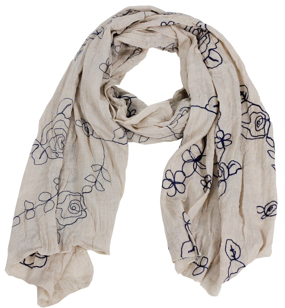 Lightweight summer shawl scarf featuring intricate floral pansy embroidery on a cream background