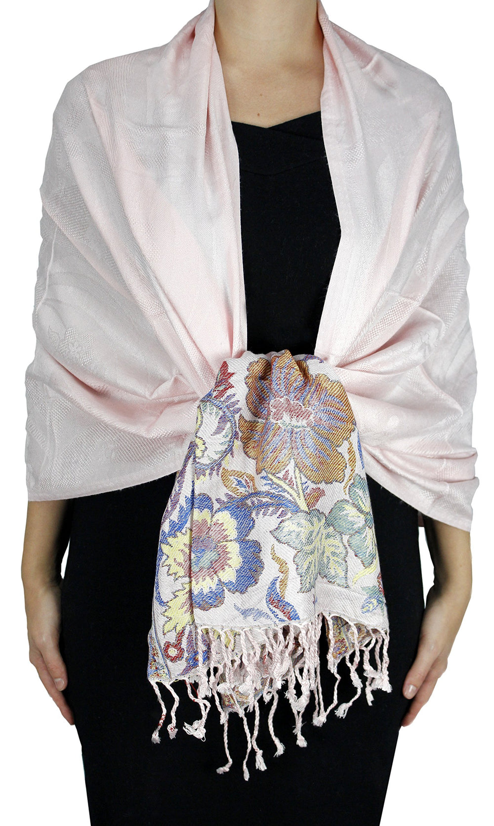 Reversible light pink pashmina shawl with a detailed paisley and floral border design.