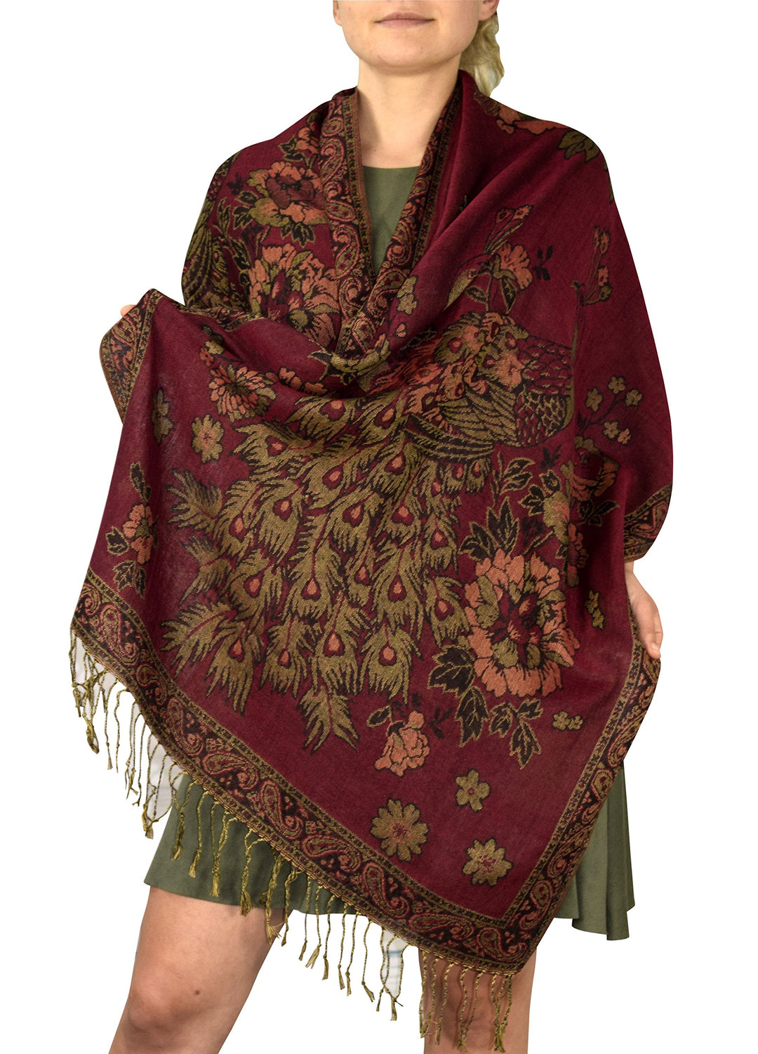 Peach Couture Floral Peacock Reversible Shimmer Layered Pashmina Wrap Shawl Scarf Maroon