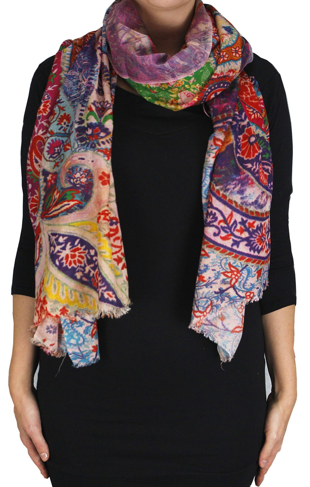 Rainbow multicolored digital printed silky fringe scarf featuring a vibrant paisley flower pattern.