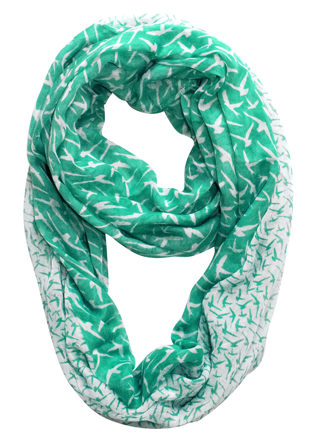 Vintage two-colored bird print infinity loop scarf in teal and white.
