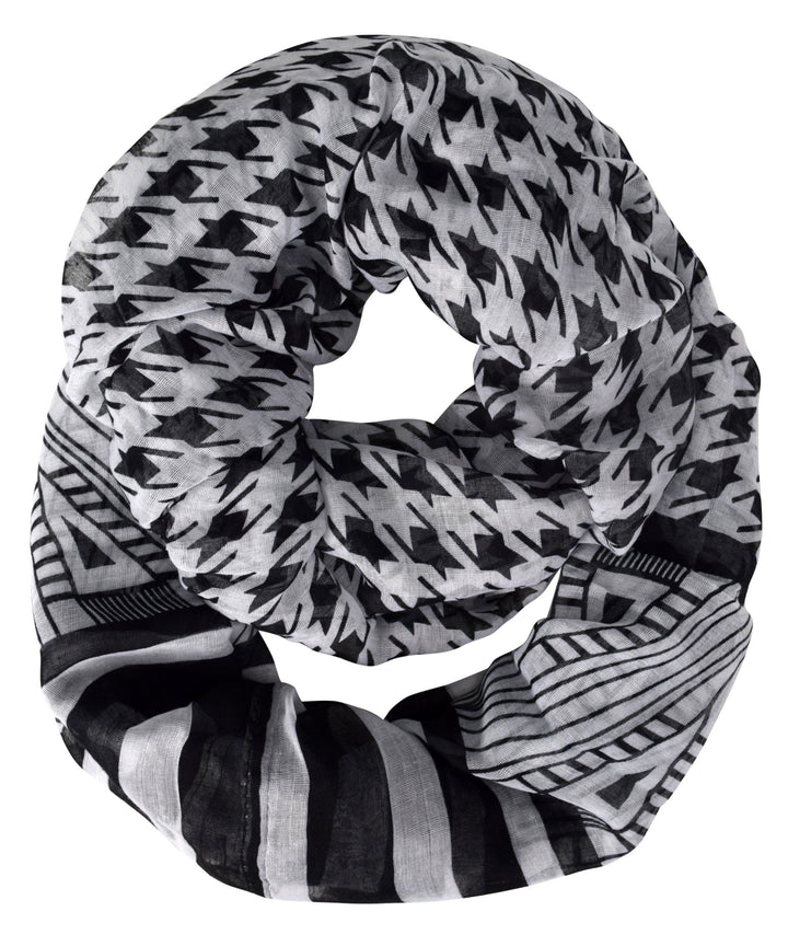 Light Tribal and Striped Houndstooth Sheer Infinity Loop Scarf (Black and White)