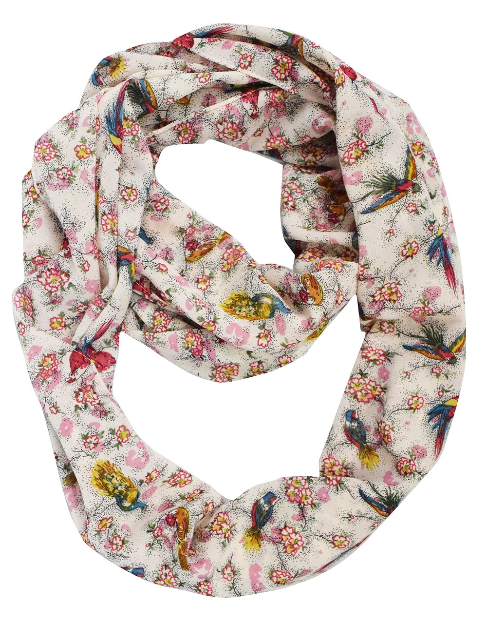 Lightweight infinity loop scarf with a vintage animal bird print in cream and pink for women