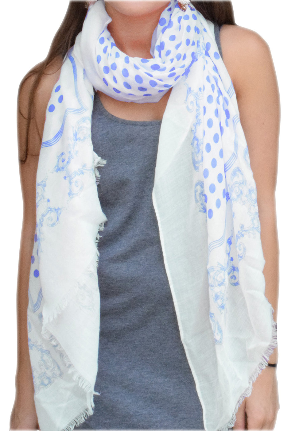 Blue polka dot paisley bordered scarf with soft eyelash fringe ends for all season wear.