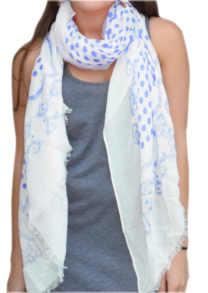 Blue polka dot paisley bordered scarf with soft eyelash fringe ends for all season wear.