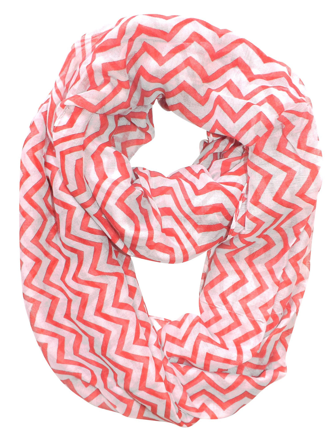 Beautiful Classic Lightweight Sheer Chevron Infinity Loop Scarf Coral and White