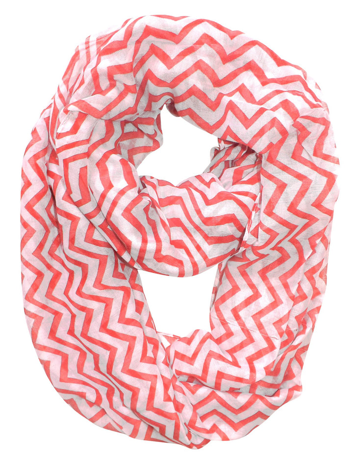 Beautiful Classic Lightweight Sheer Chevron Infinity Loop Scarf Coral and White