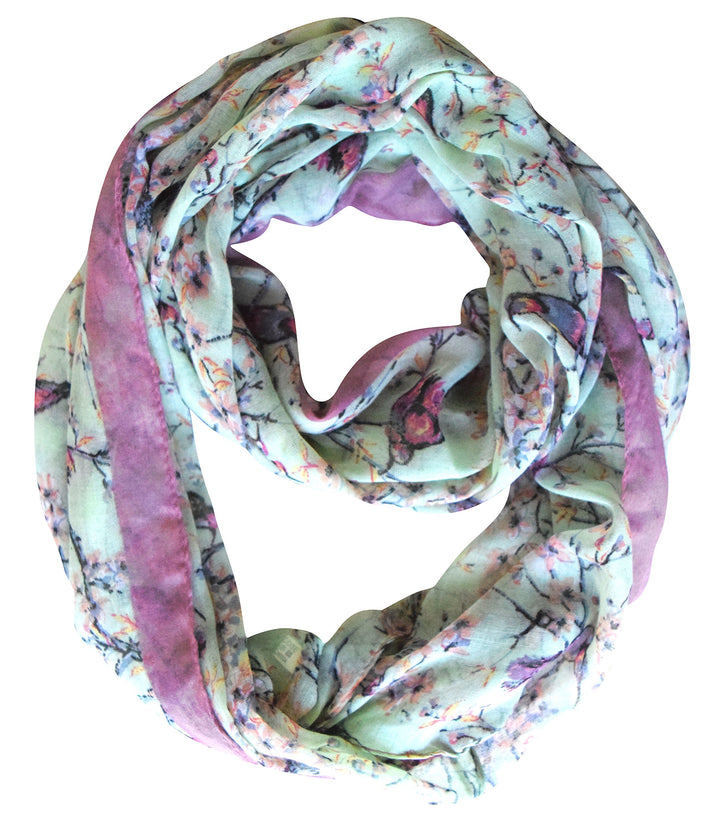 Lightweight mint sheer infinity loop scarf featuring a vintage floral blossom and hummingbird print for women
