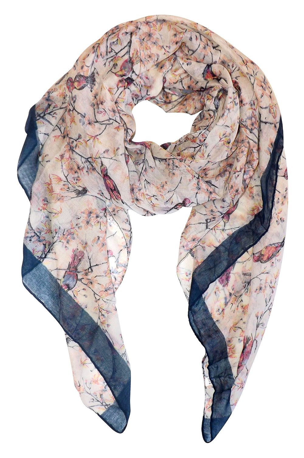 Lightweight sheer cream scarf featuring a vintage floral blossom and hummingbird print for women
