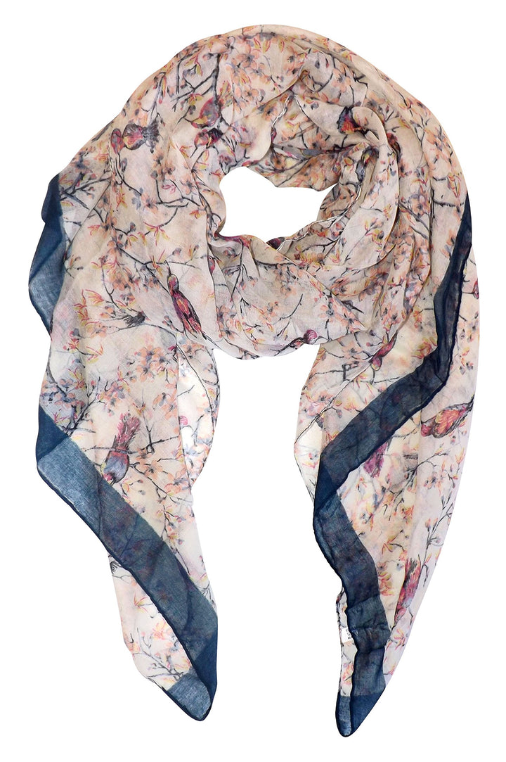 Lightweight sheer cream scarf featuring a vintage floral blossom and hummingbird print for women