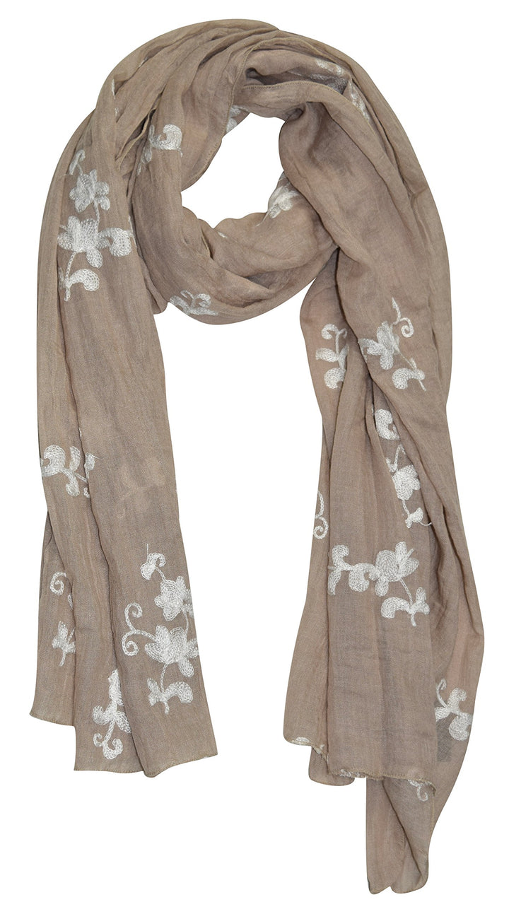 Lightweight taupe summer shawl featuring intricate floral pansy embroidery and a semi-sheer fabric.