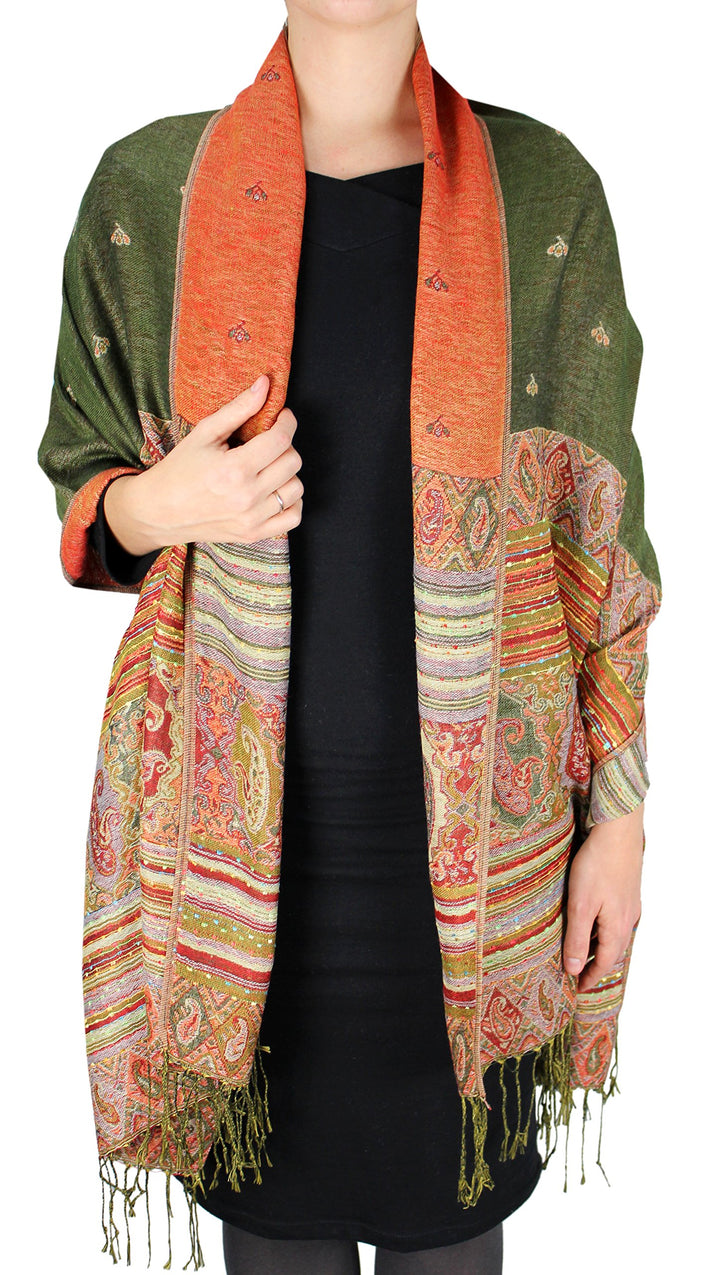 Olive green ethnic design bohemian pashmina shawl with reversible tribal border pattern.
